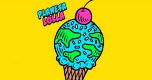 Imagem de fundo amarelo escrito planeta lolla com desenho de sorvete em forma de planeta